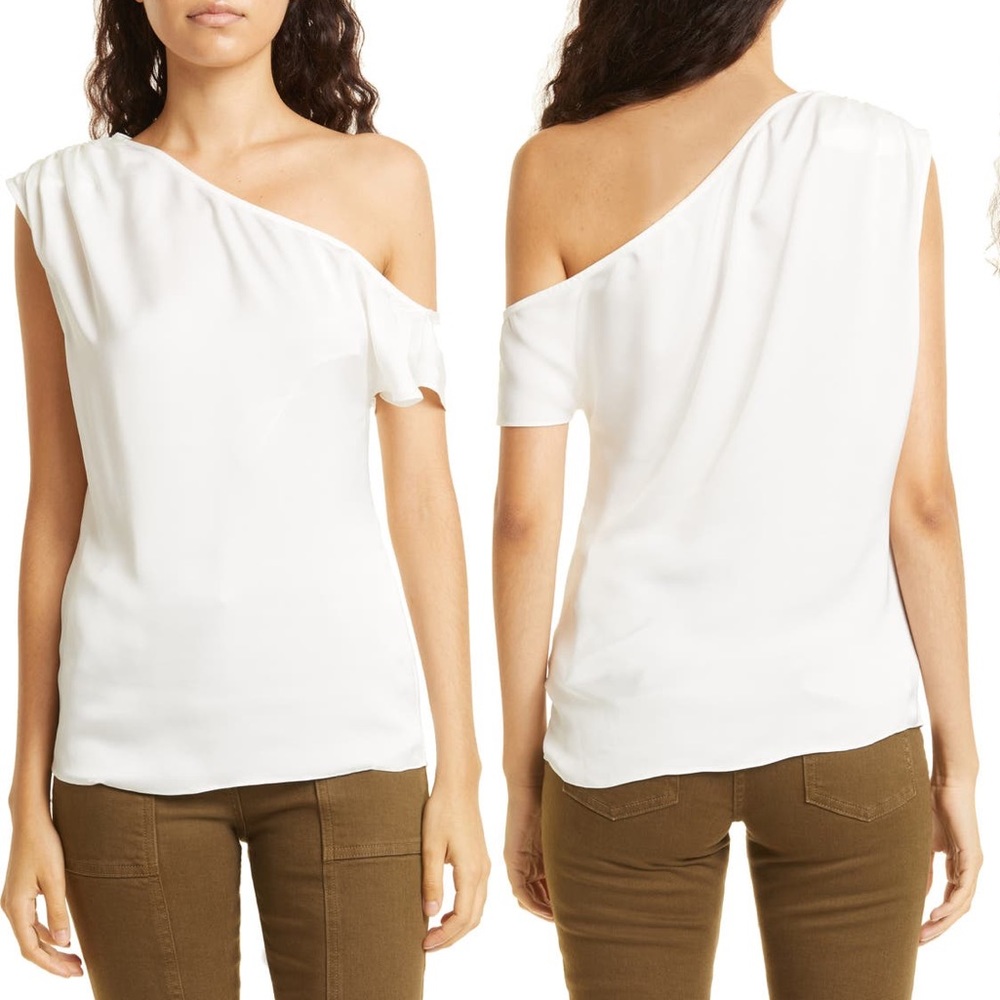 Ramy Brook Lilianna One Shoulder Silky Polyester Blouse Cream Off White XL NWT